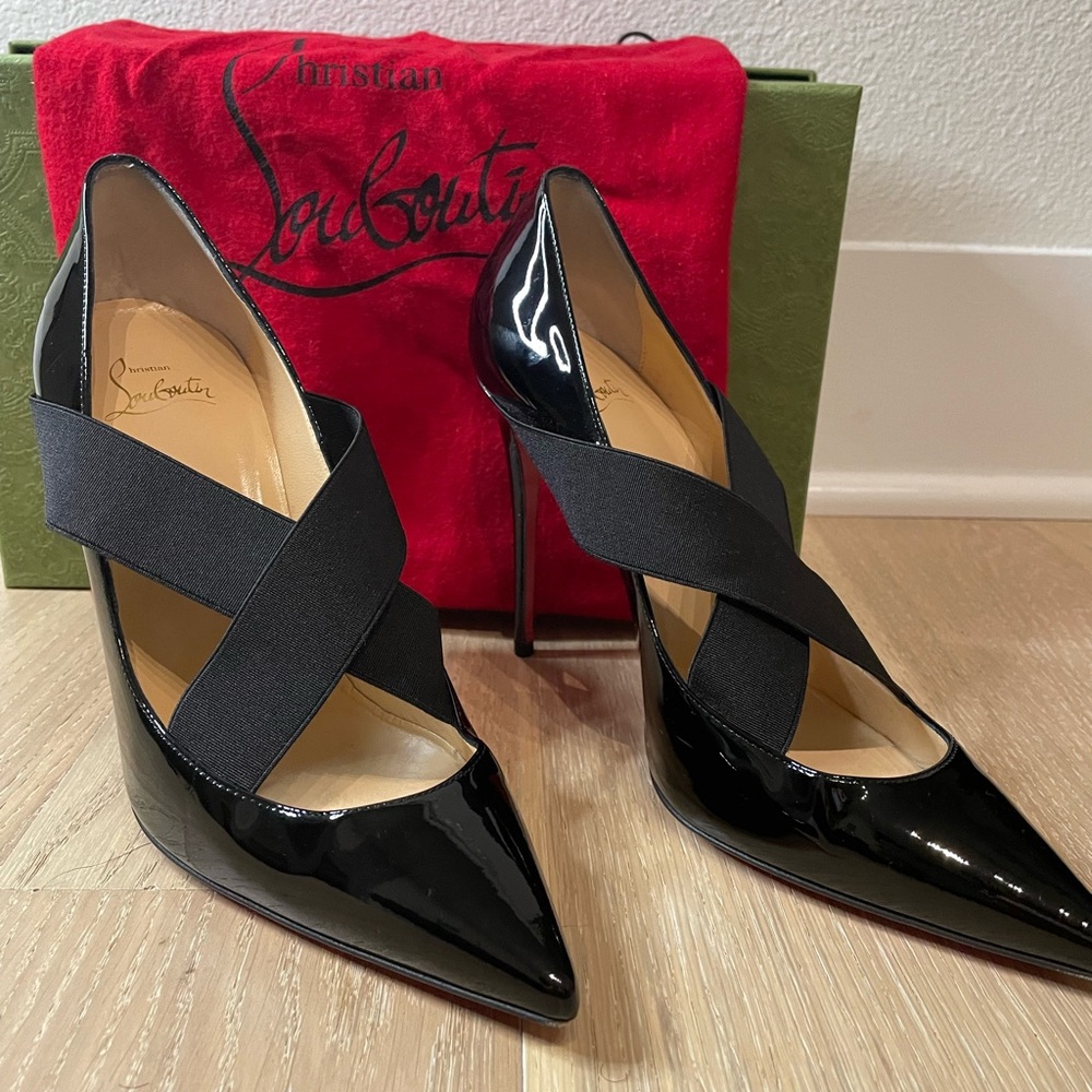 Black Patent Christian Louboutin w cross band size 38.5